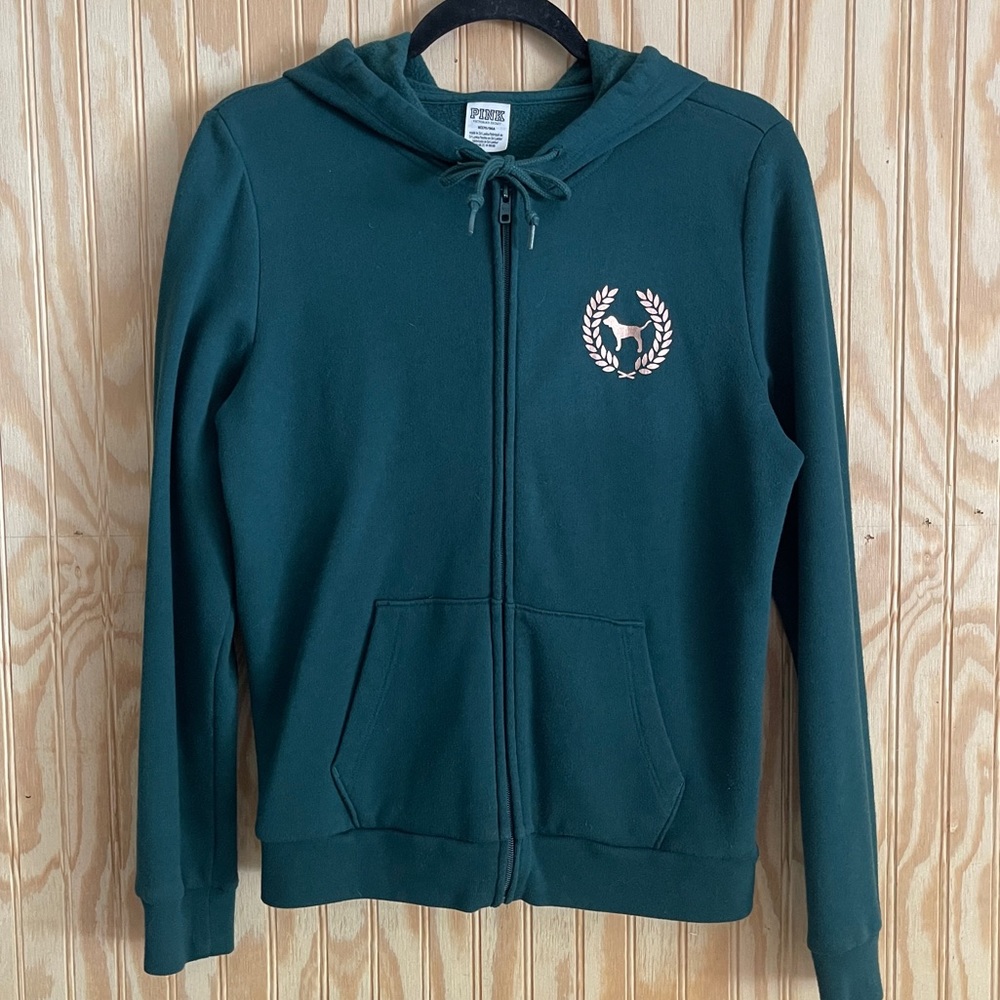 Victoria's Secret PINK Bling Hoodie Green Sweatshirt Logo Gold Sequin M